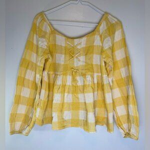 Wonder Nation Yellow White Plaid Babydoll Blouse Girls Size XL 14/16